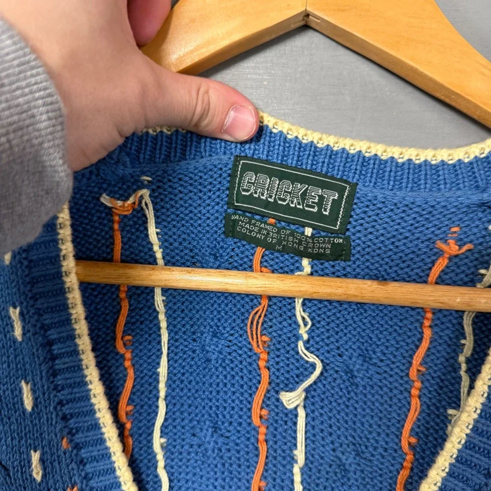 Vintage Cricket Sweater Vest Blue Cable Knit Embroidered V-Neck Cotton Medium - Picture 3 of 5